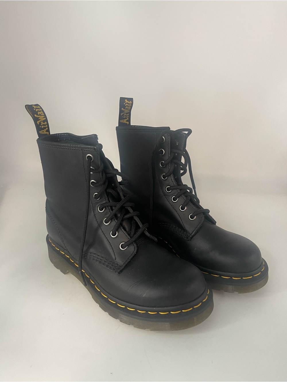 Dr. Martens Black Leather 8-Eye Lace-Up Boots with Yellow Stitching